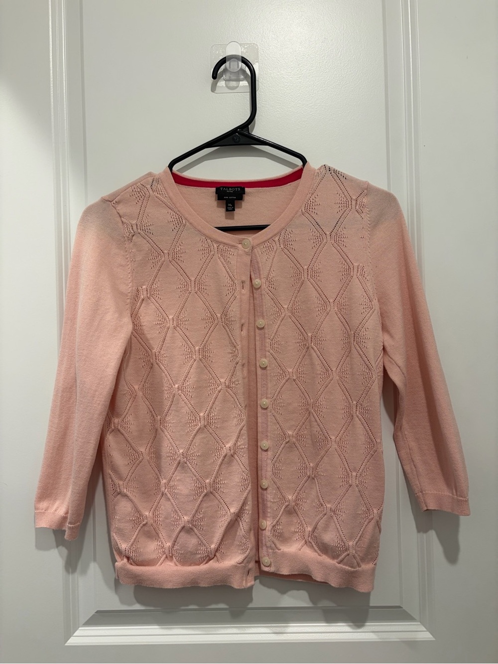 Talbots Peach-Pink Diamond Knit Button Cardigan